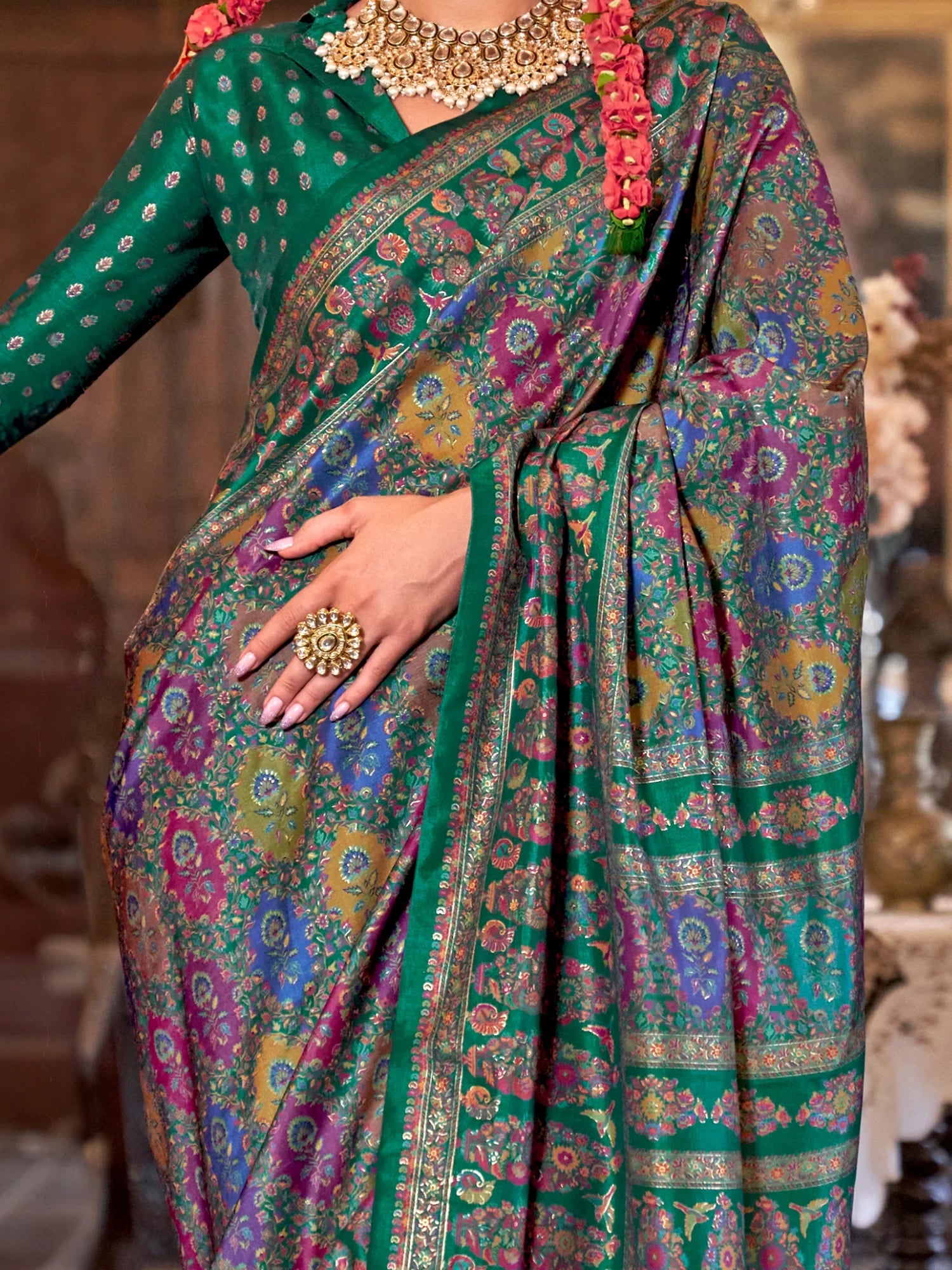 Attractive Bottle Green Digital Printed Silk Traditional Saree With Blouse - Zeel Clothing