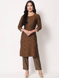 Brown floral print kurta with matching palazzo pants, stylish women's ethnic wear