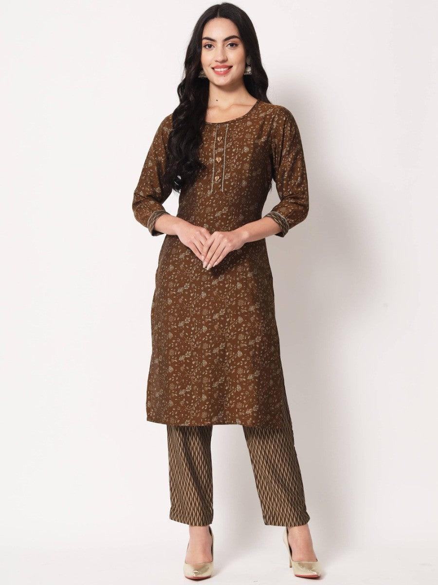 Brown floral print kurta with matching palazzo pants, stylish women's ethnic wear
