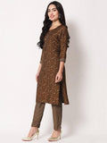 Brown floral print kurta with matching patterned pants and gold heels, stylish women's ethnic wear