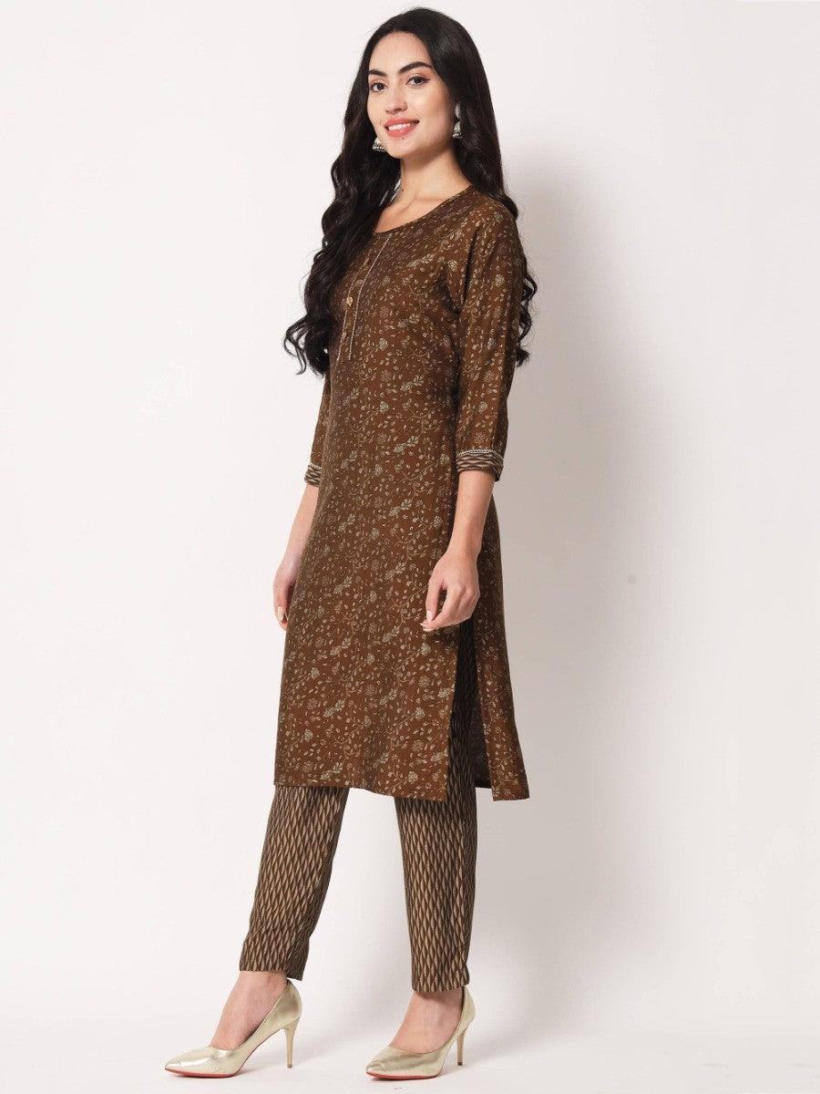 Brown floral print kurta with matching patterned pants and gold heels, stylish women's ethnic wear