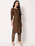 Brown floral print kurta with matching patterned pants, stylish women's ethnic wear