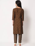 Brown floral print kurta with matching palazzo pants, women's ethnic wear