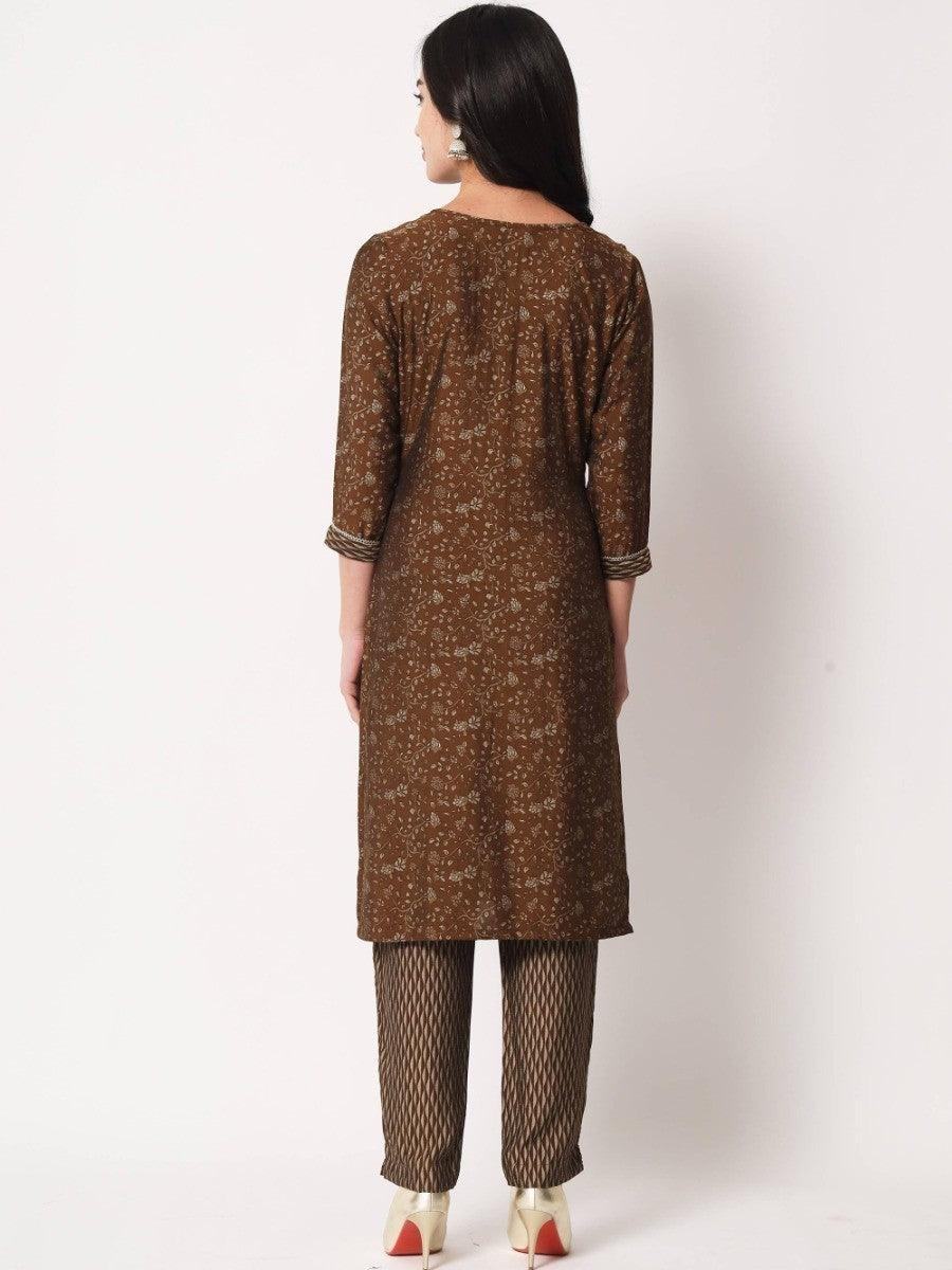 Brown floral print kurta with matching palazzo pants, women's ethnic wear