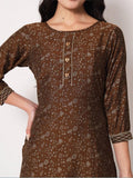 Brown floral print kurta with heart buttons and embroidered cuffs, stylish women's fashion top