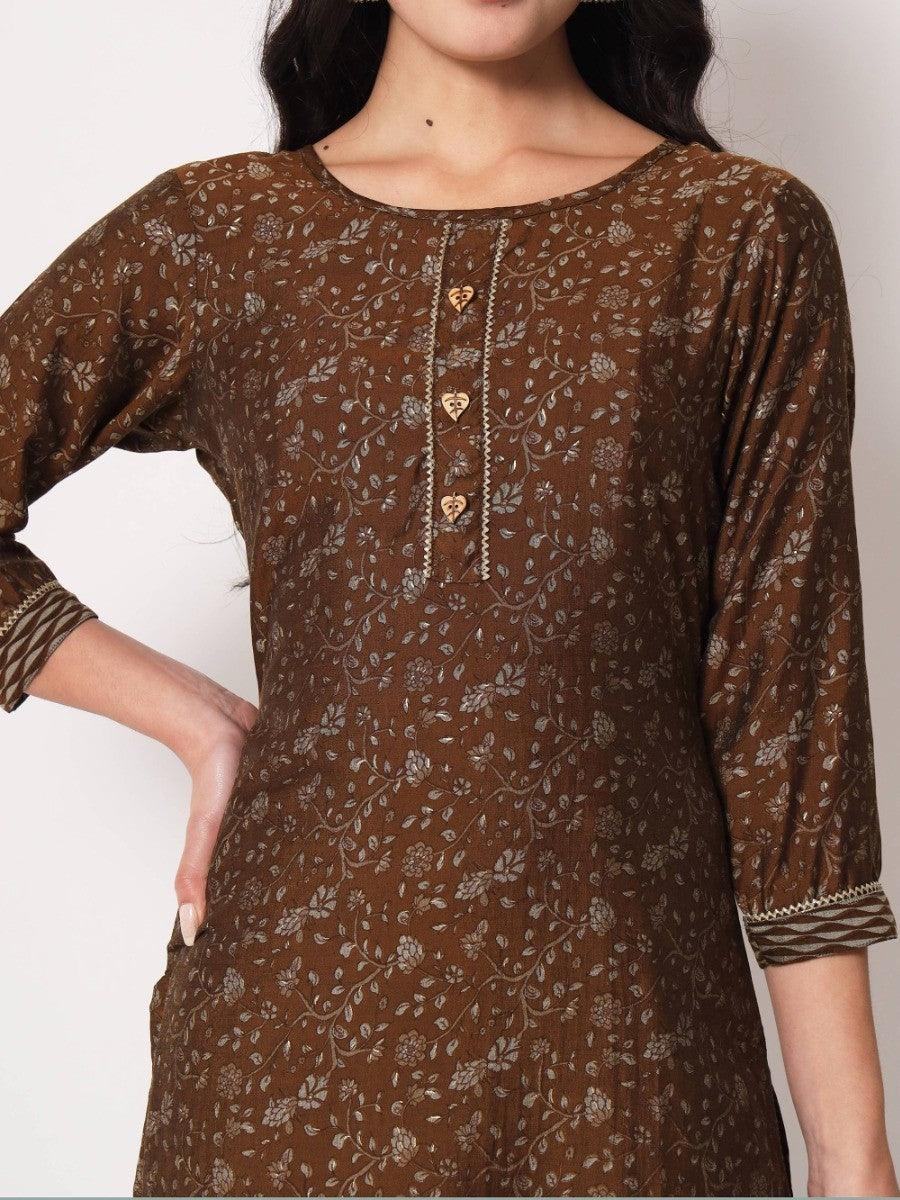 Brown floral print kurta with heart buttons and embroidered cuffs, stylish women's fashion top
