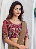 Attractive Brown Embroidered Silk Party Wear Saree With Blouse - Zeel Clothing