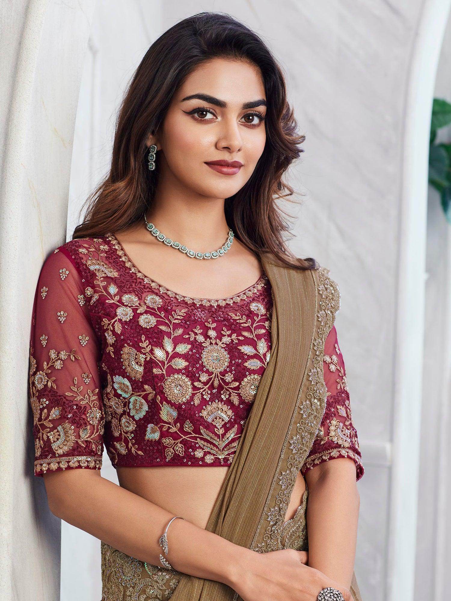 Attractive Brown Embroidered Silk Party Wear Saree With Blouse - Zeel Clothing