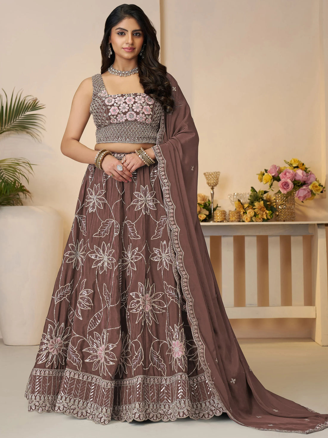 Attractive Brown Floral Embroidered Satin Wedding Wear Lehenga Choli - Zeel Clothing