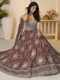 Attractive Brown Floral Embroidered Satin Wedding Wear Lehenga Choli - Zeel Clothing
