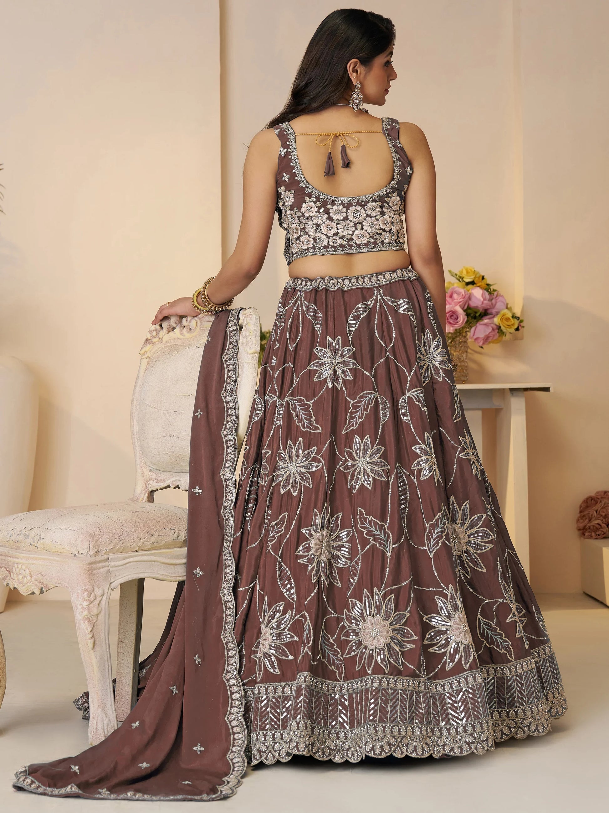 Attractive Brown Floral Embroidered Satin Wedding Wear Lehenga Choli - Zeel Clothing
