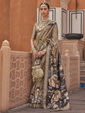 Attractive Brown Floral Print Silk Party Wear Saree With Blouse - Zeel Clothing