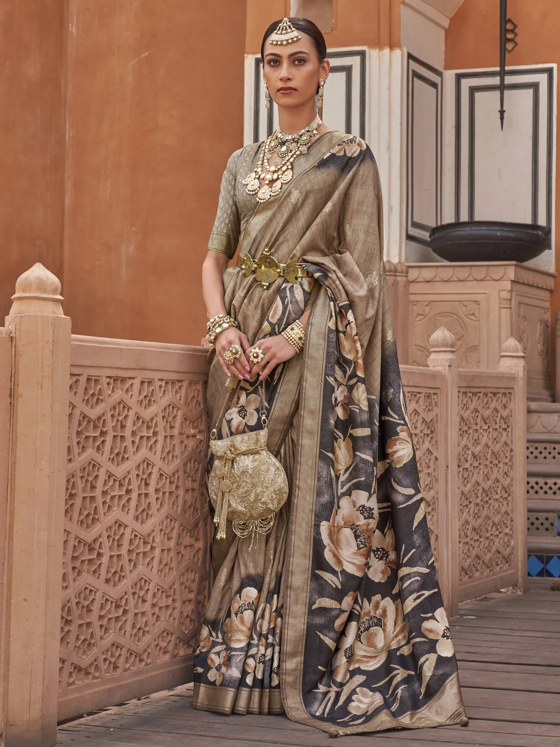 Attractive Brown Floral Print Silk Party Wear Saree With Blouse - Zeel Clothing