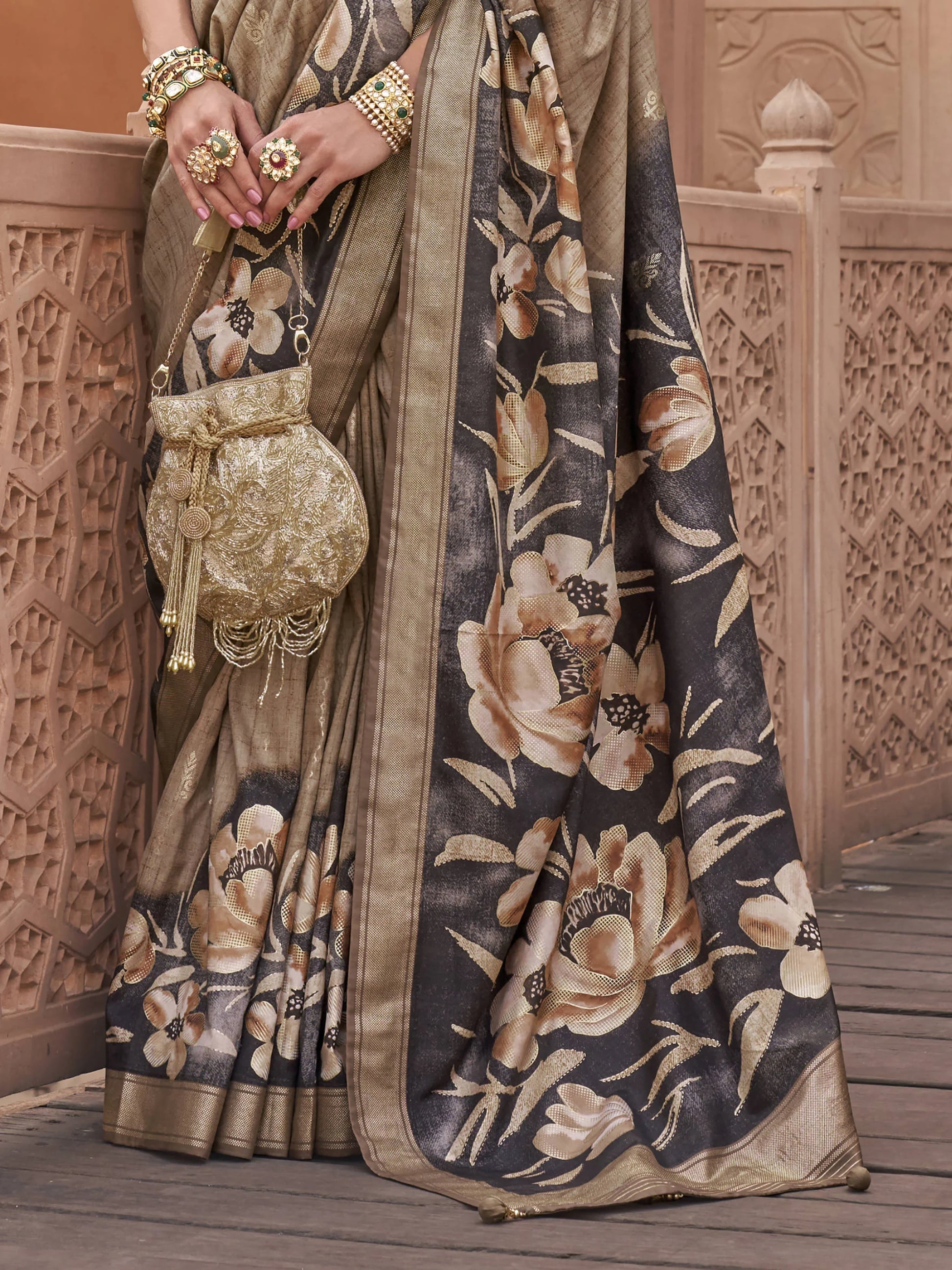 Attractive Brown Floral Print Silk Party Wear Saree With Blouse - Zeel Clothing