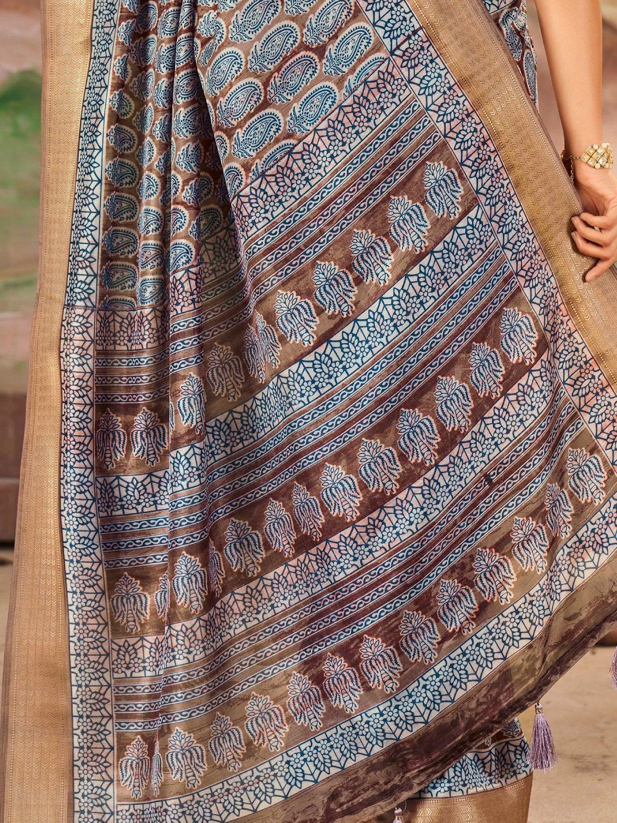 Attractive Brown Printed Dola Silk Casual Wear Saree With Blouse - Zeel Clothing