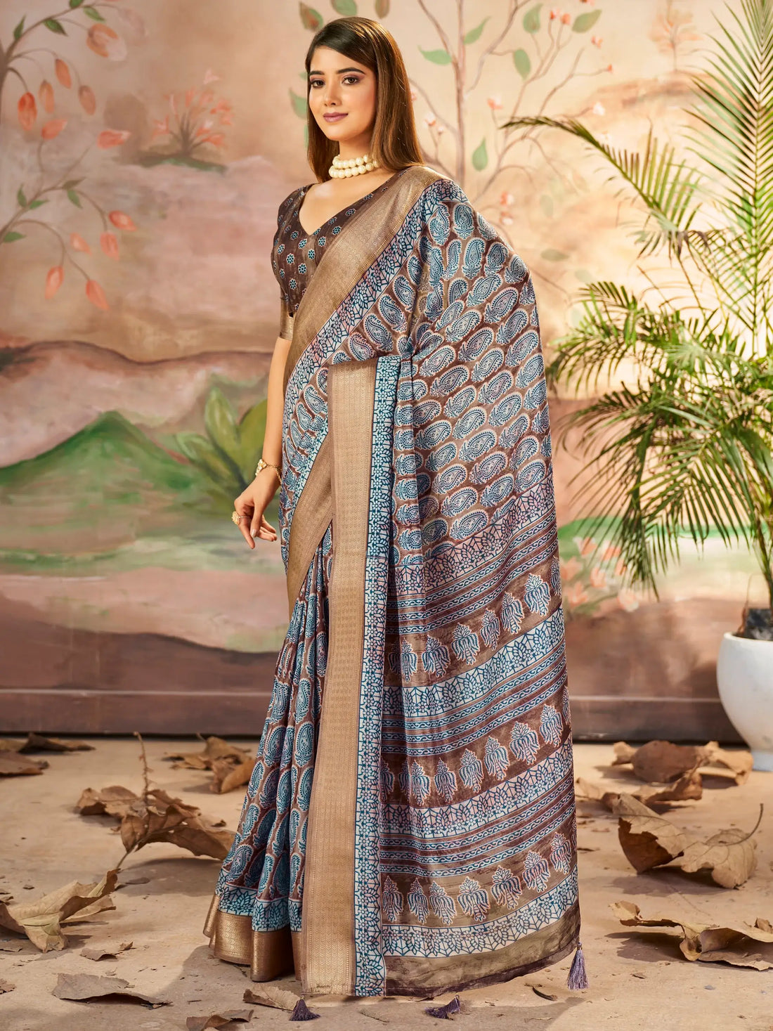 Attractive Brown Printed Dola Silk Casual Wear Saree With Blouse - Zeel Clothing
