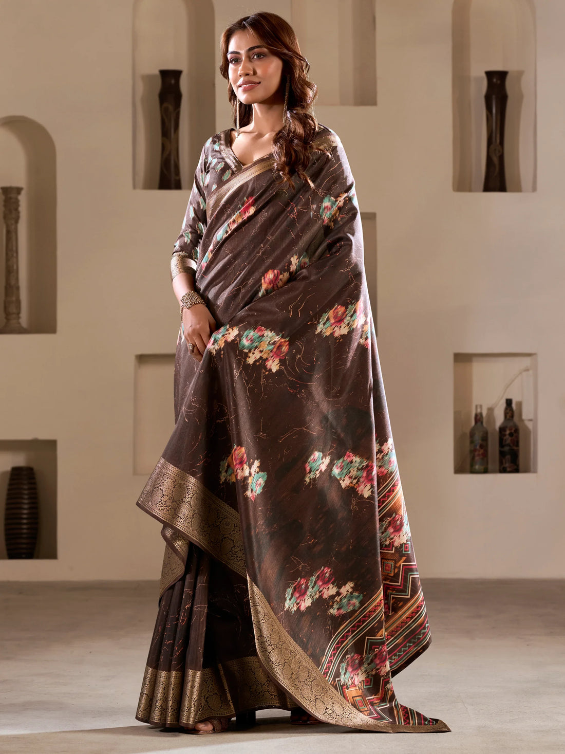 Attractive Brown Printed Silk Festival Wear Saree With Blouse - Zeel Clothing