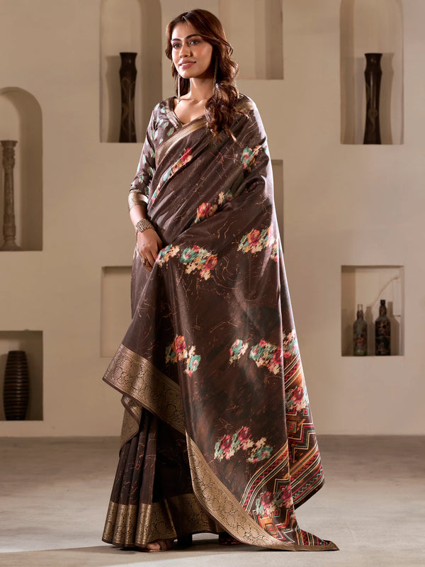 Attractive Brown Printed Silk Festival Wear Saree With Blouse - Zeel Clothing
