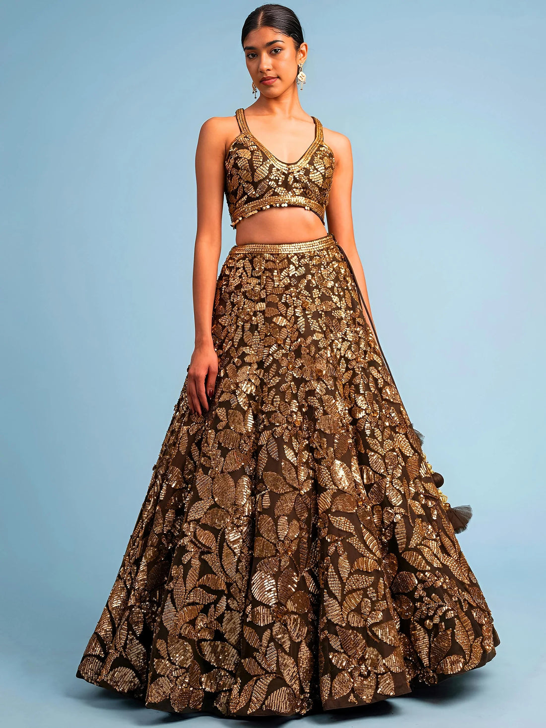 Attractive Brown Sequins Embroidery Net Party Wear Lehenga Choli With Dupatta
