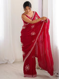 Attractive Coral Red Beads Work Satin Engagement Wear Saree - Zeel Clothing