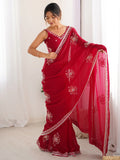 Attractive Coral Red Beads Work Satin Engagement Wear Saree - Zeel Clothing