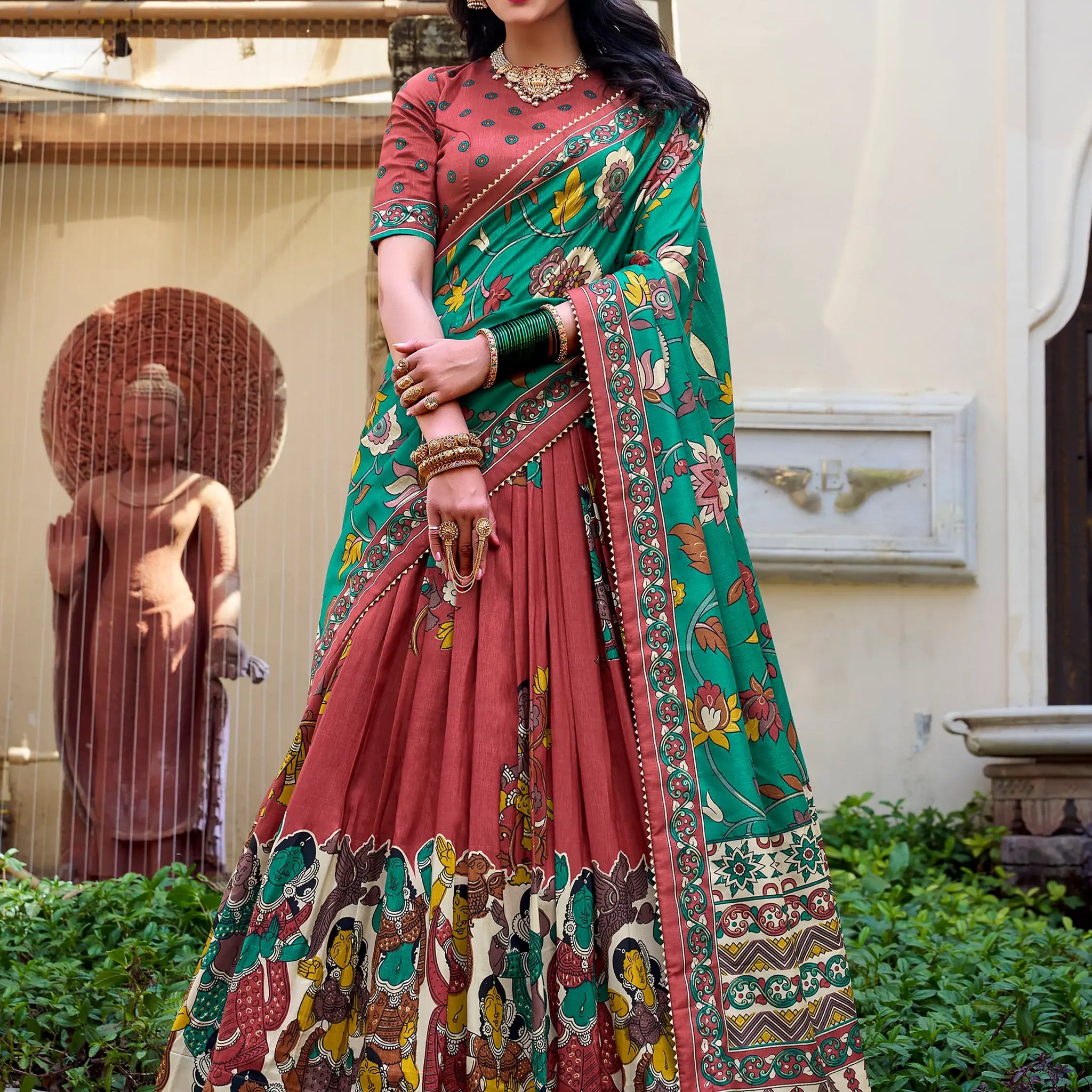 Attractive Coral Red Kalamkari Printed Silk Traditional Lehenga Choli - Zeel Clothing