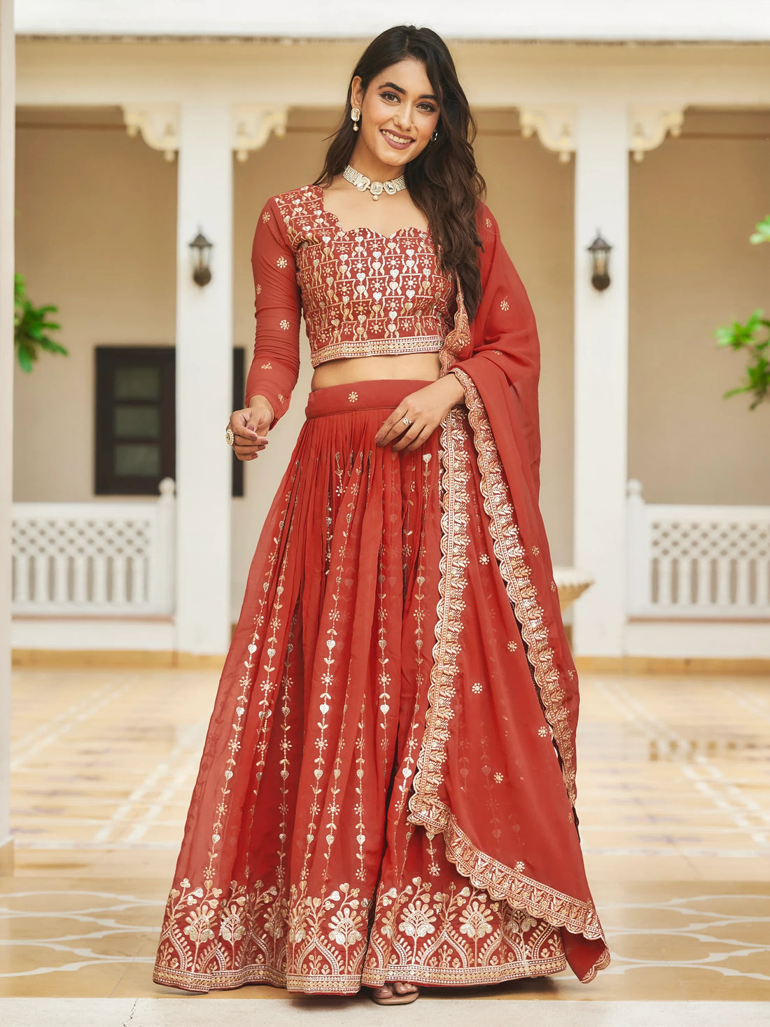 Attractive Coral Red Sequins Georgette Wedding Wear Lehenga Choli - Zeel Clothing