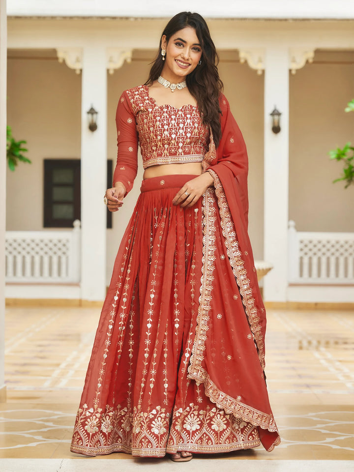 Attractive Coral Red Sequins Georgette Wedding Wear Lehenga Choli - Zeel Clothing