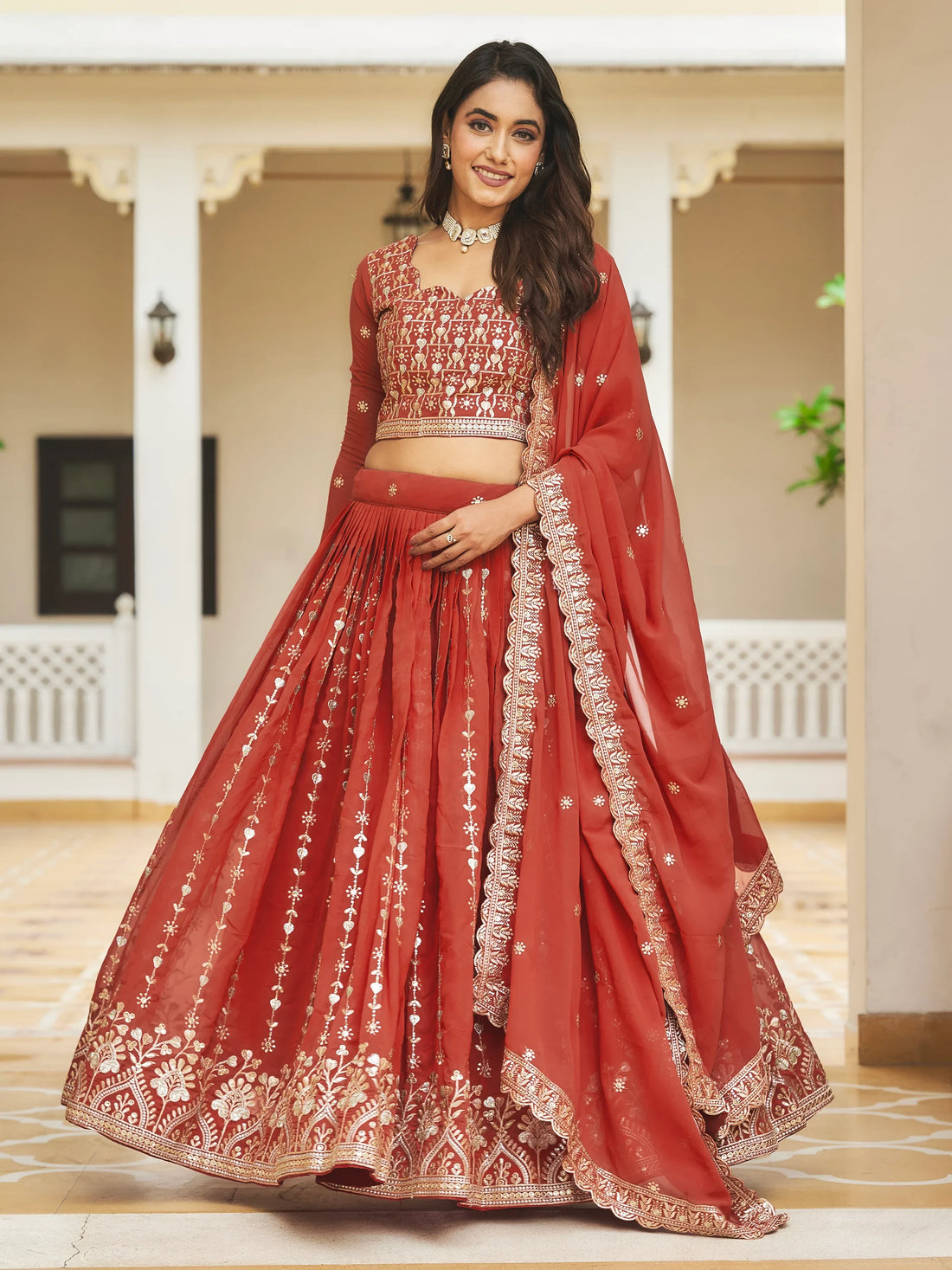Attractive Coral Red Sequins Georgette Wedding Wear Lehenga Choli - Zeel Clothing