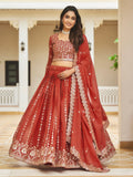 Attractive Coral Red Sequins Georgette Wedding Wear Lehenga Choli - Zeel Clothing