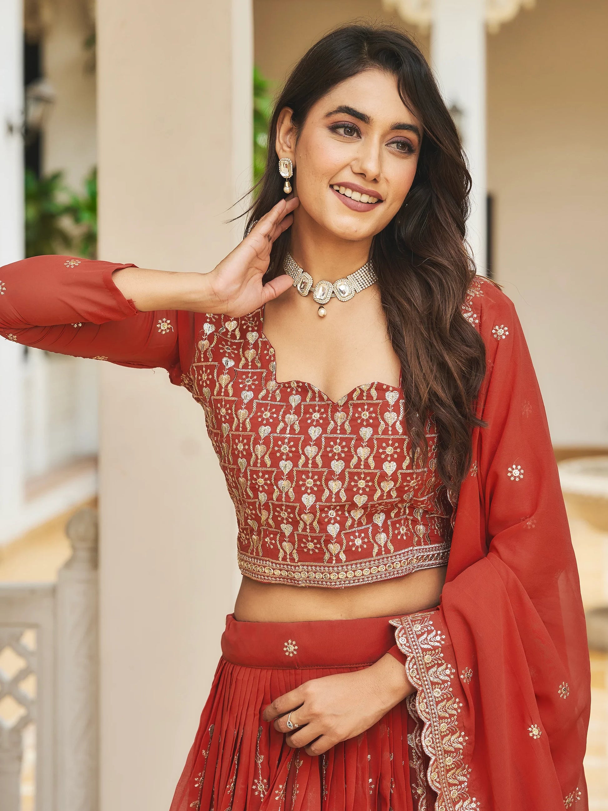 Attractive Coral Red Sequins Georgette Wedding Wear Lehenga Choli - Zeel Clothing