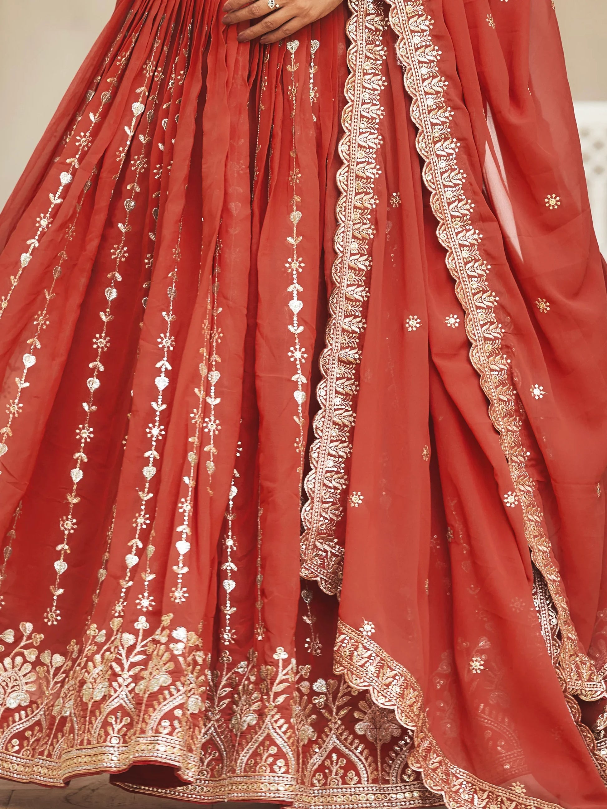 Attractive Coral Red Sequins Georgette Wedding Wear Lehenga Choli - Zeel Clothing