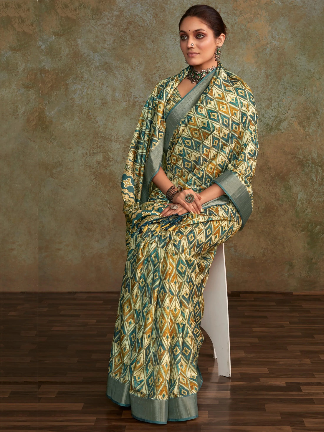 Attractive Cream Digital Printed Silk Festival Wear Saree With Blouse