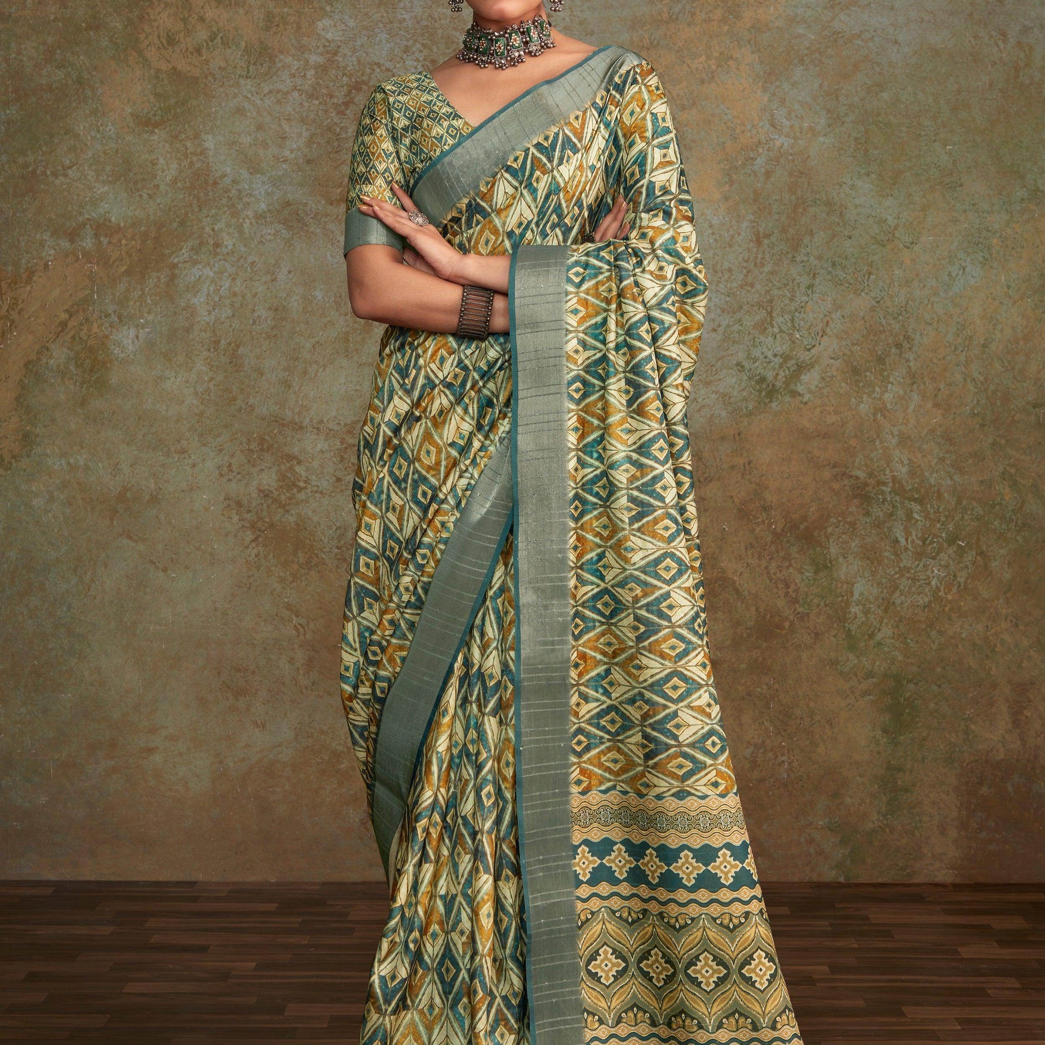 Attractive Cream Digital Printed Silk Festival Wear Saree With Blouse - Zeel Clothing