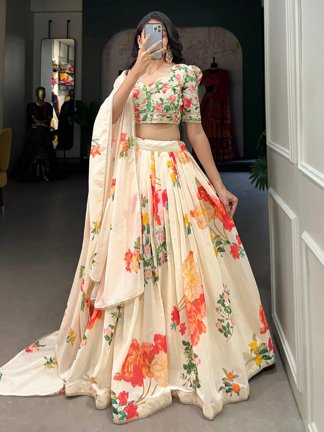 Attractive Cream Floral Printed Georgette Festival Wear Lehenga Choli