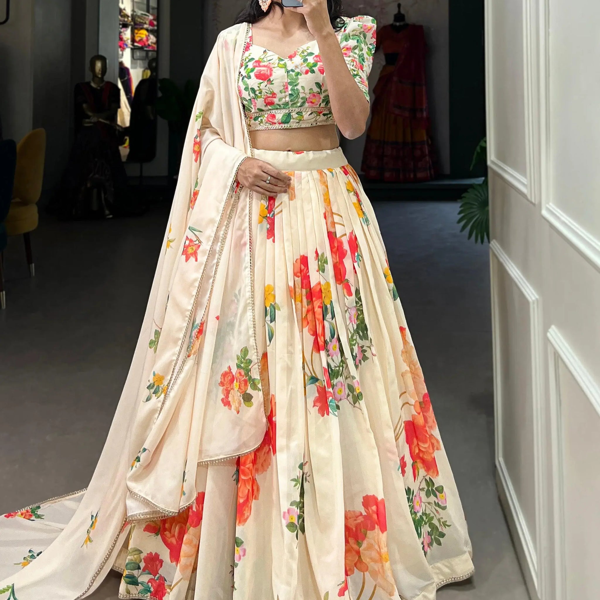 Attractive Cream Floral Printed Georgette Festival Wear Lehenga Choli - Zeel Clothing