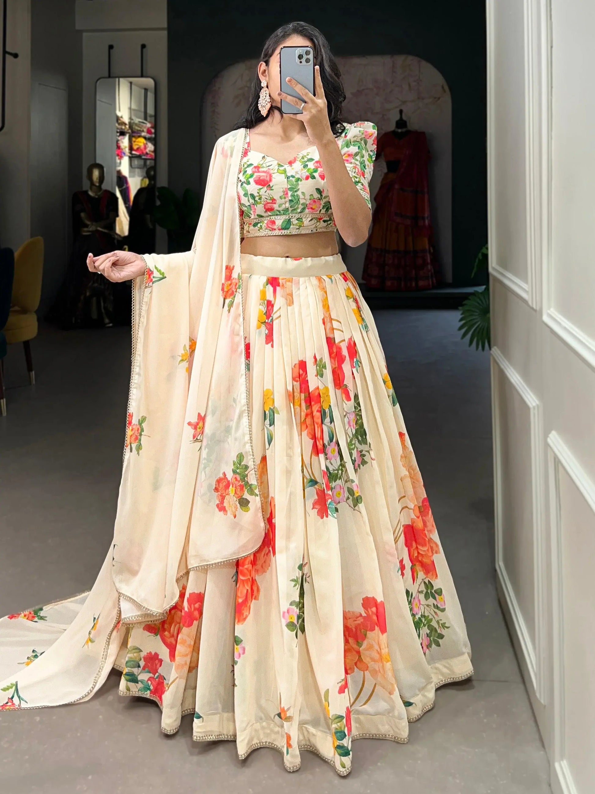 Attractive Cream Floral Printed Georgette Festival Wear Lehenga Choli - Zeel Clothing