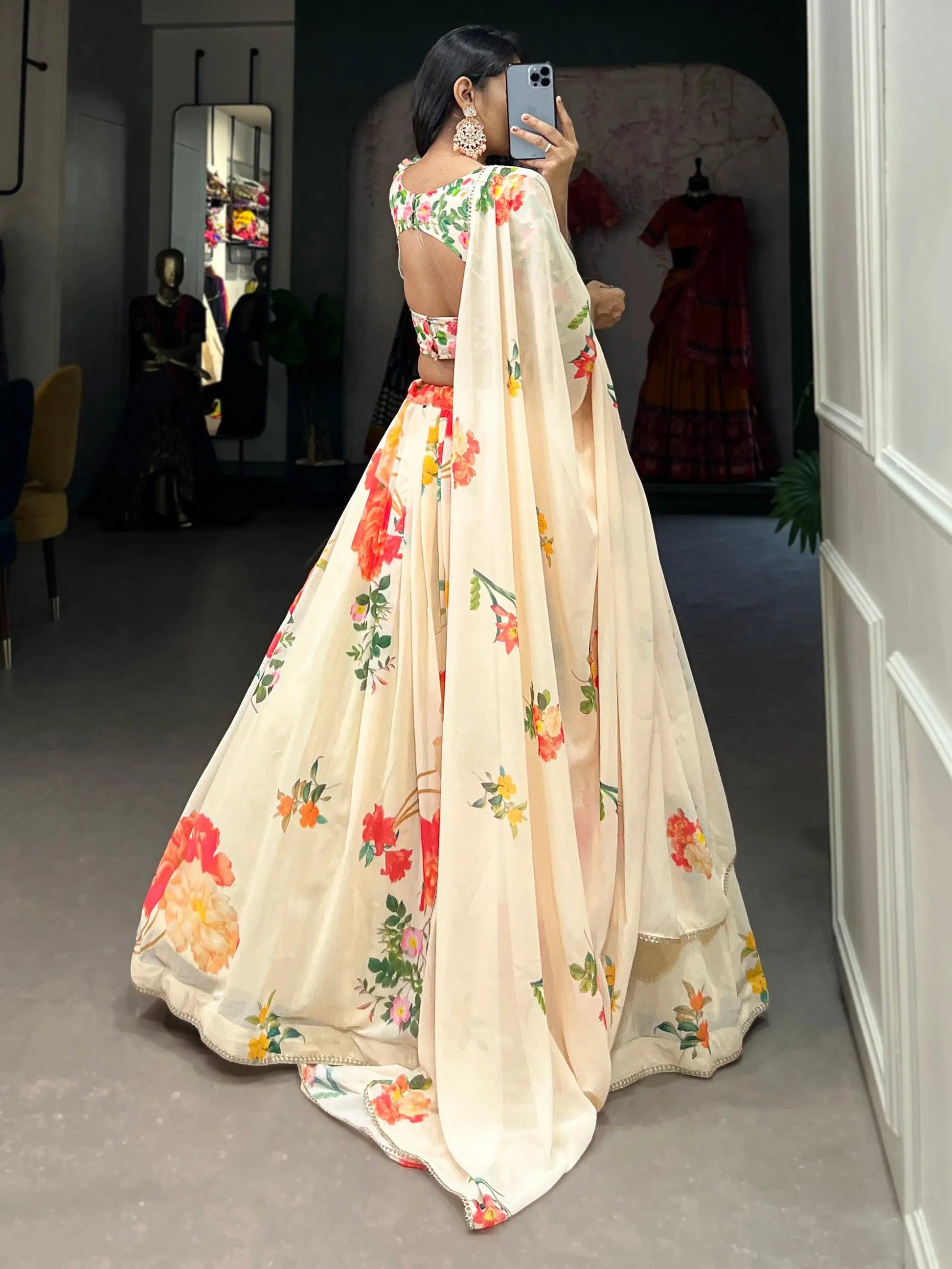 Attractive Cream Floral Printed Georgette Festival Wear Lehenga Choli - Zeel Clothing