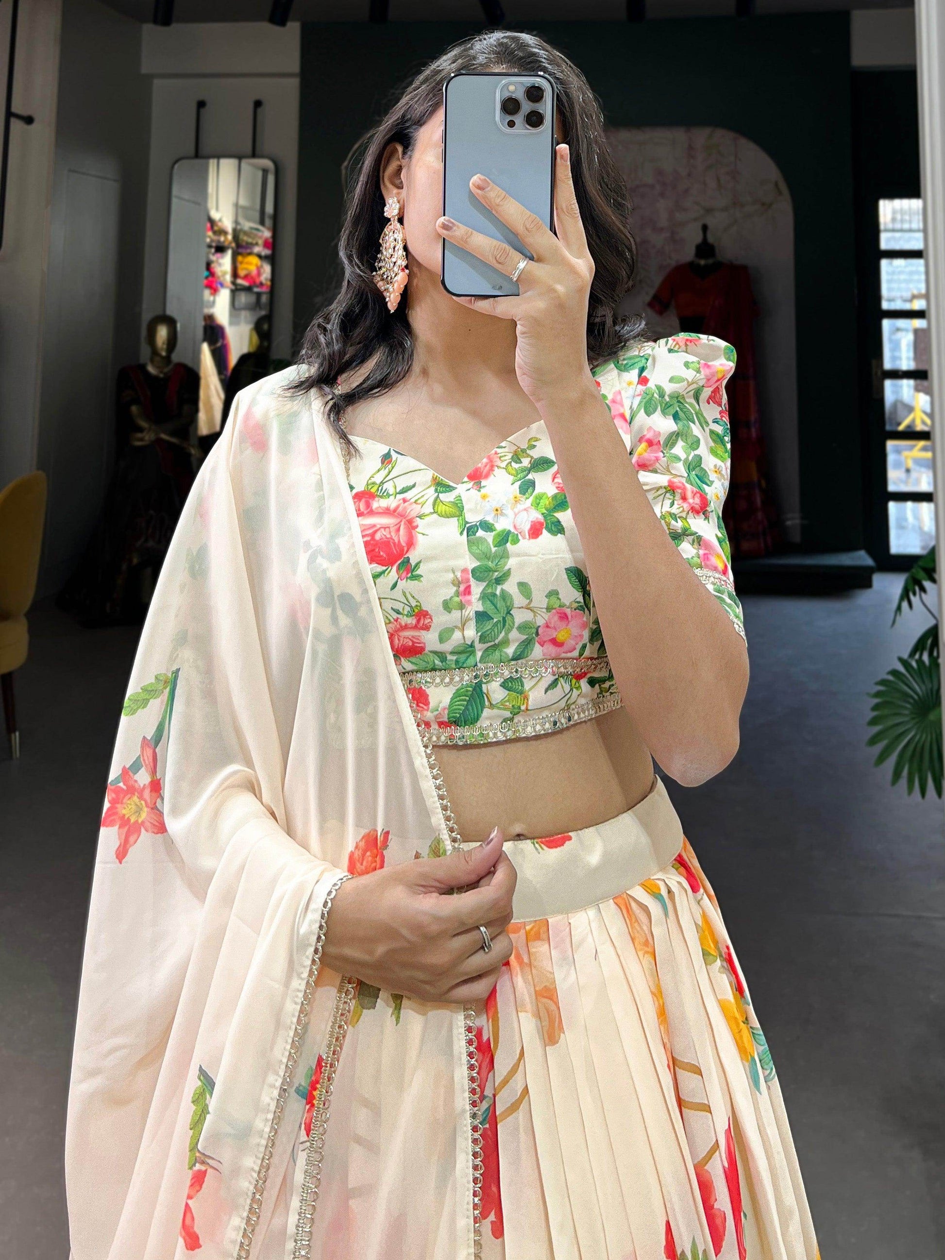 Attractive Cream Floral Printed Georgette Festival Wear Lehenga Choli - Zeel Clothing