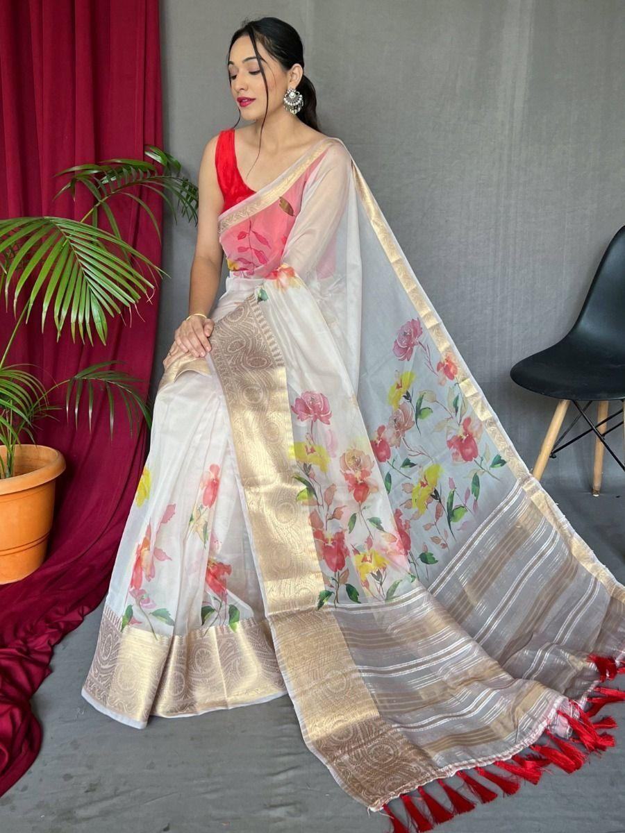 Attractive Cream Pichwai Print Organza Festival Wear Saree With Blouse
