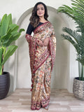 Attractive Cream Pichwai Printed Viscose Silk Saree With Blouse - Zeel Clothing