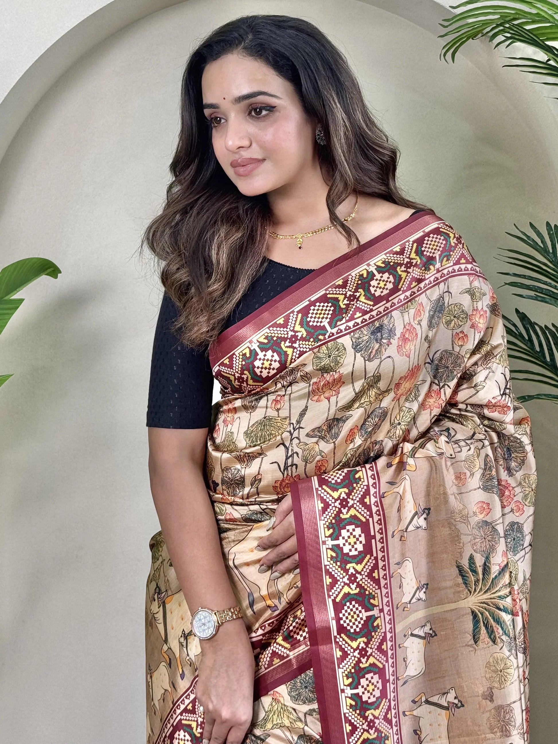 Attractive Cream Pichwai Printed Viscose Silk Saree With Blouse - Zeel Clothing