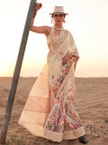 Attractive Cream Printed Linen Traditional Saree With Blouse - Zeel Clothing