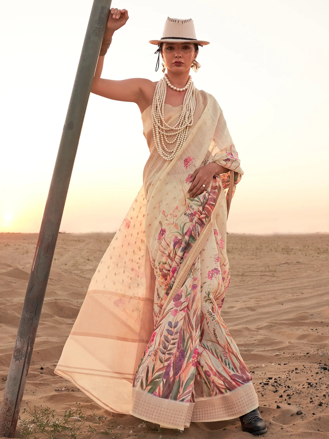 Attractive Cream Printed Linen Traditional Saree With Blouse - Zeel Clothing