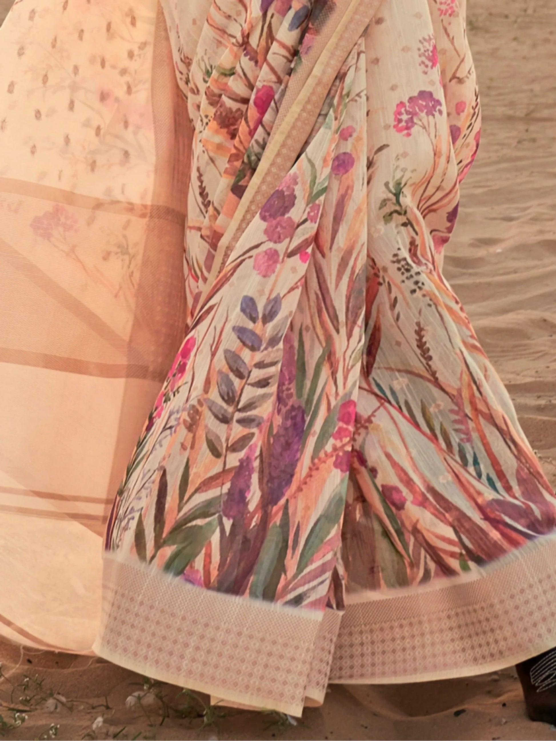 Attractive Cream Printed Linen Traditional Saree With Blouse - Zeel Clothing