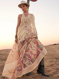 Attractive Cream Printed Linen Traditional Saree With Blouse - Zeel Clothing