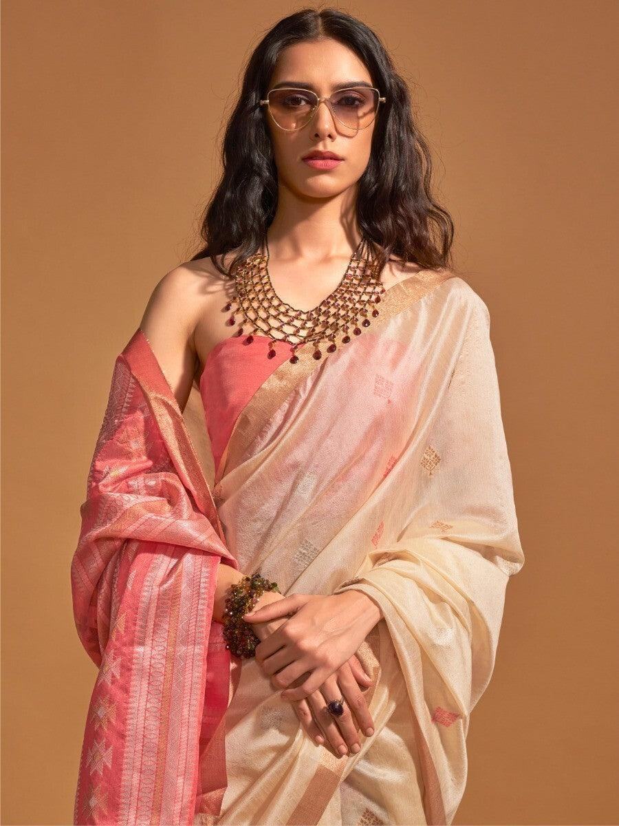 Attractive Cream Zari Weaving Silk Traditional Saree With Blouse