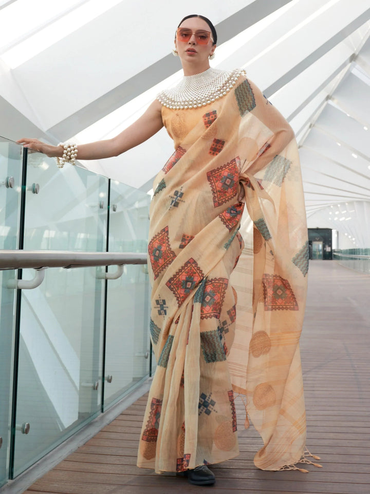 Attractive Cream Zari Work Tissue Function Wear Saree With Blouse