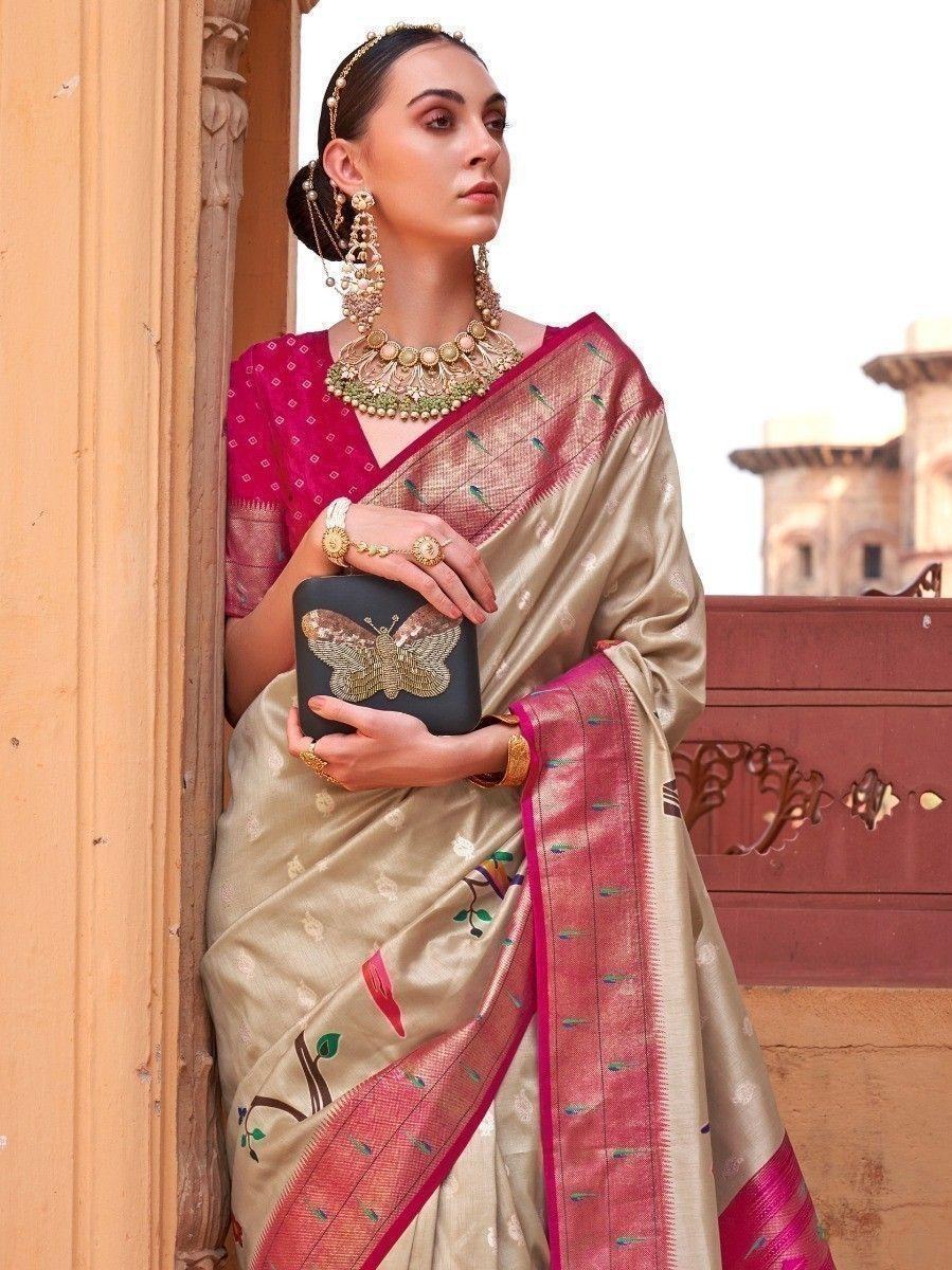 Attractive Dark Beige Paithani Printed Event Wear Silk Saree - Zeel Clothing