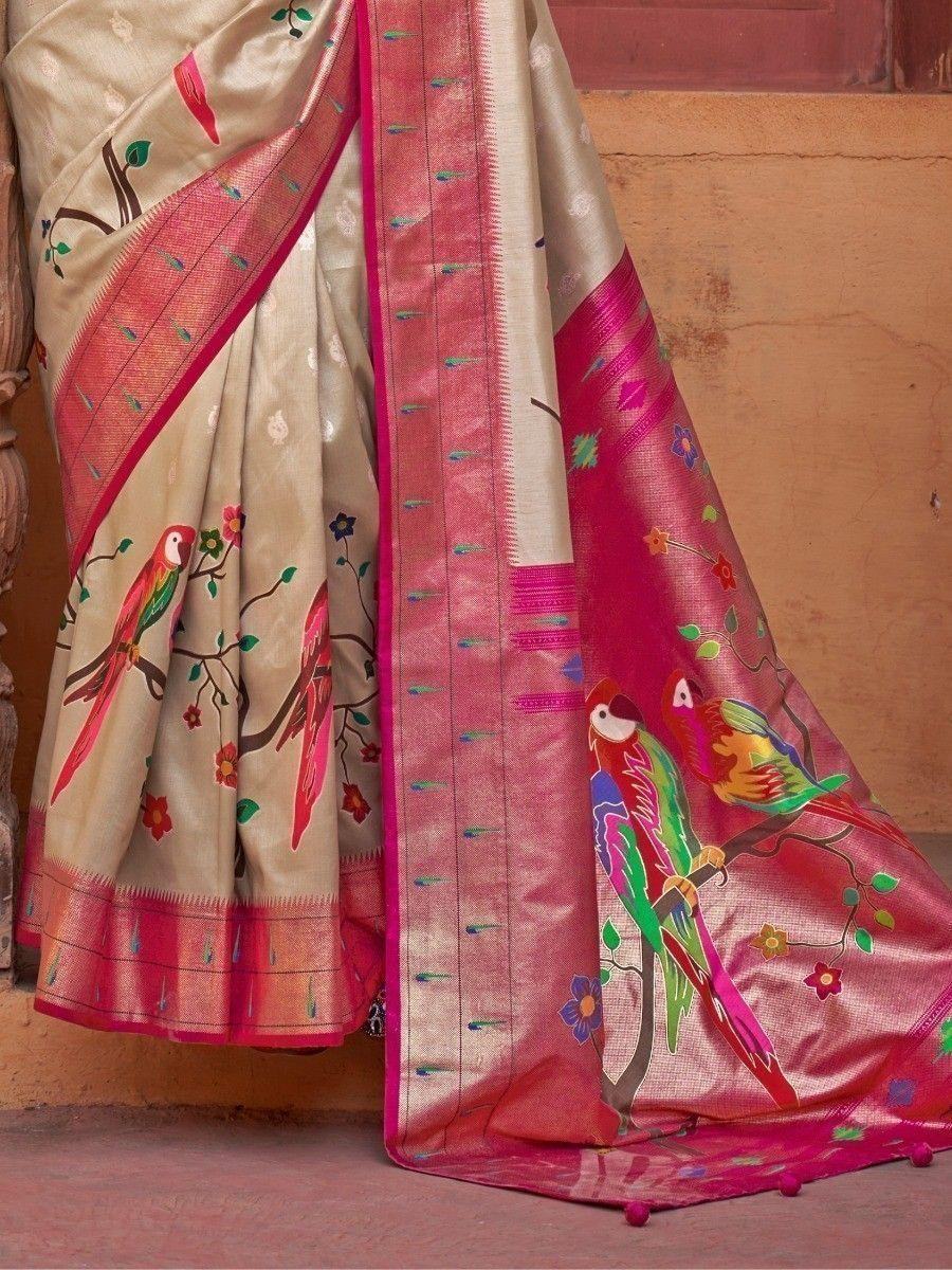Attractive Dark Beige Paithani Printed Event Wear Silk Saree - Zeel Clothing